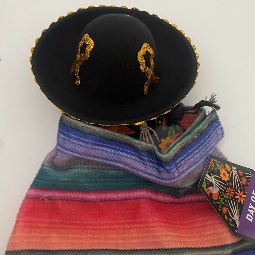 Mexican Poncho Dog Pet Costume Cinco de Mayo Day of the Dead Hat & Poncho NEW - Picture 5 of 12
